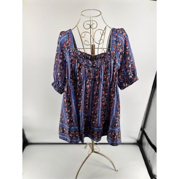 FREE PEOPLE VINTAGE LOVER BLOUSE 100% COTTON FLORAL DUTCH BLUE SIZE Small Womens - Picture 1 of 13